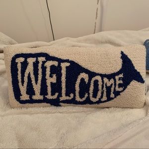 Mudpie “Welcome” Whale Pillow in navy and white